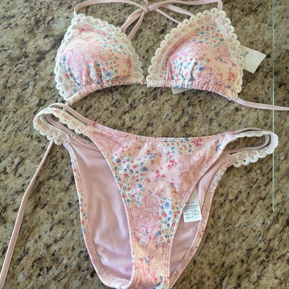 SOLD-Pink Floral Bikini with Lace Trim